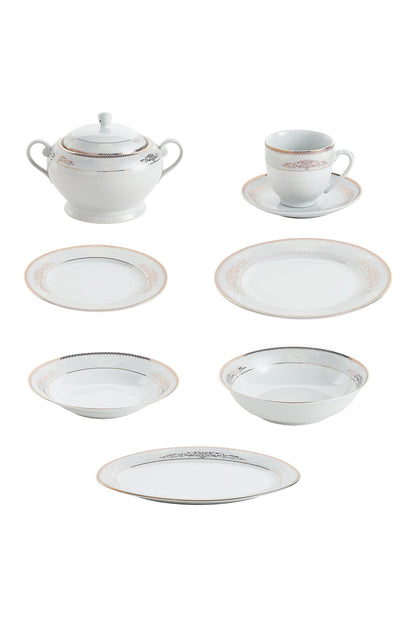 Serviciu de Masă 12 Persoane Silver & Gold Filigree din Porțelan 64 Piese, Design Baroc Bicolor