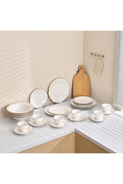 Set masă 30 piese porțelan Dubai, alb cu bordură aurie, 6 persoane