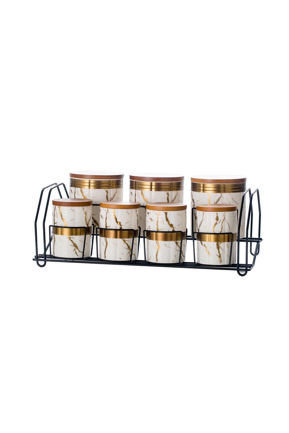 Set 7 recipiente depozitare din porțelan cu capace din lemn și suport metalic - Marble Collection