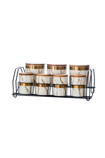 Set 7 recipiente depozitare din porțelan cu capace din lemn și suport metalic - Marble Collection