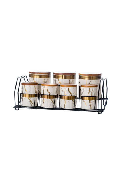 Set 7 recipiente depozitare din porțelan cu capace din lemn și suport metalic - Marble Collection