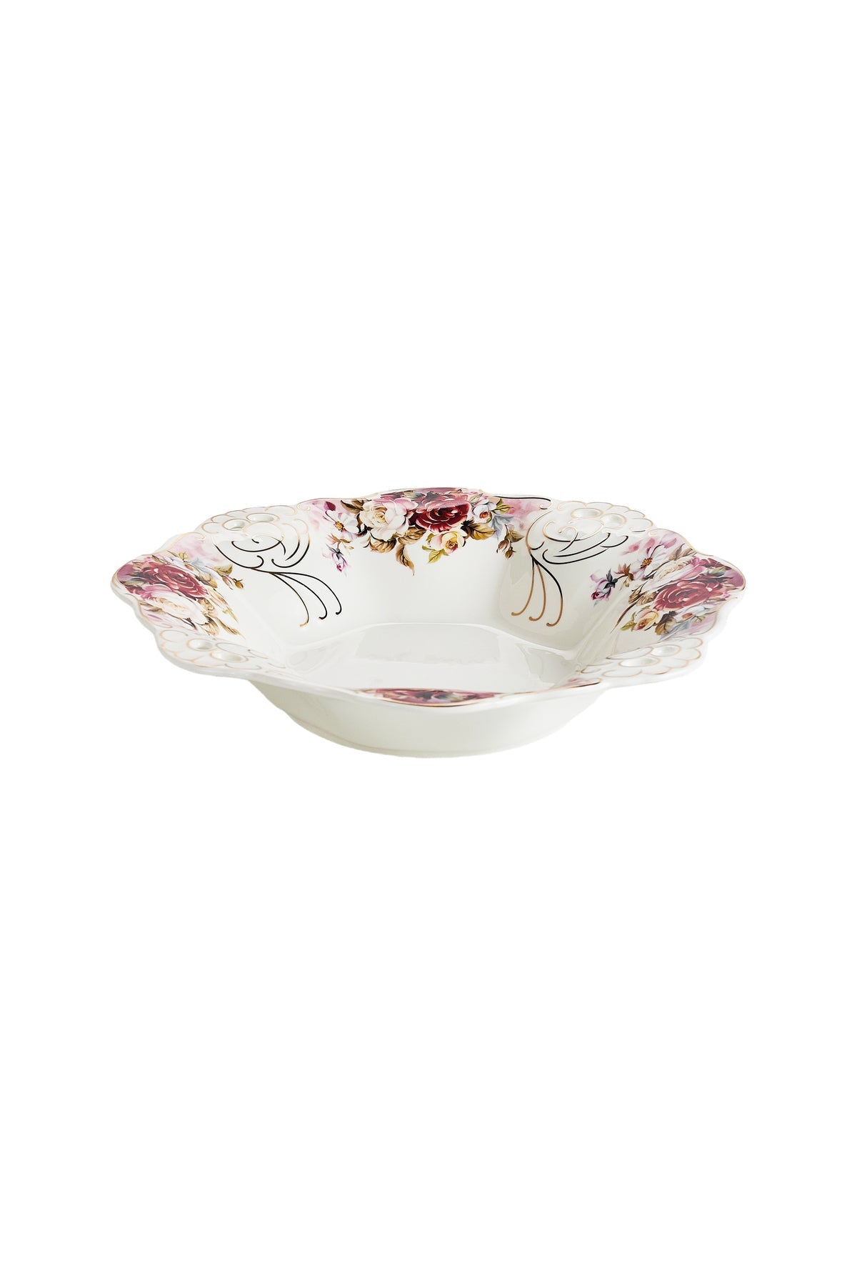 Bol fructieră porțelan model floral vintage, margini dantelate, diametru 33 cm