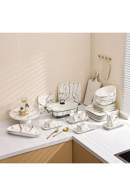 Set Serviciu Masă 20 Piese Pătrat, Portelan Premium, 6 Persoane - Marble Collection