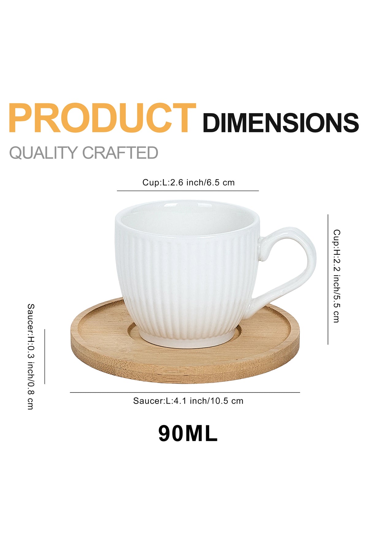 Set 6 cești espresso porțelan Groove cu farfurioare bambus, 90ml, alb