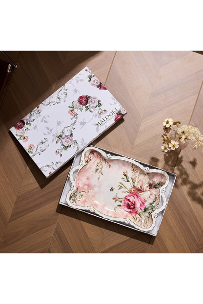 Tavă servire porțelan model floral vintage, mânere integrate, 42 x 27 cm