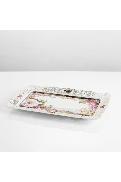 Tavă servire porțelan model floral vintage, margini dantelate decupate, 36 x 23 cm