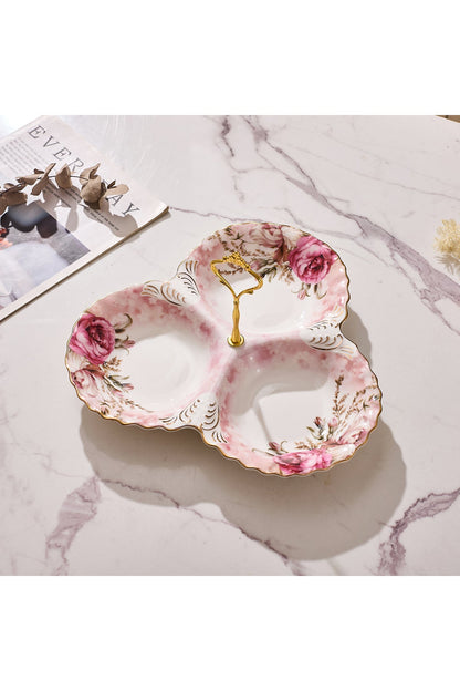 Platou compartimentat 3 secțiuni porțelan, model floral vintage, mâner auriu