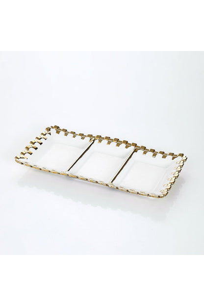Platou compartimentat 3 secțiuni porțelan, bordură aurie dantelată, 35 x 17 cm