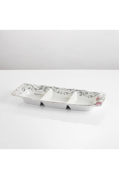 Platou compartimentat 3 secțiuni porțelan model floral vintage, 27 x 14.5 cm