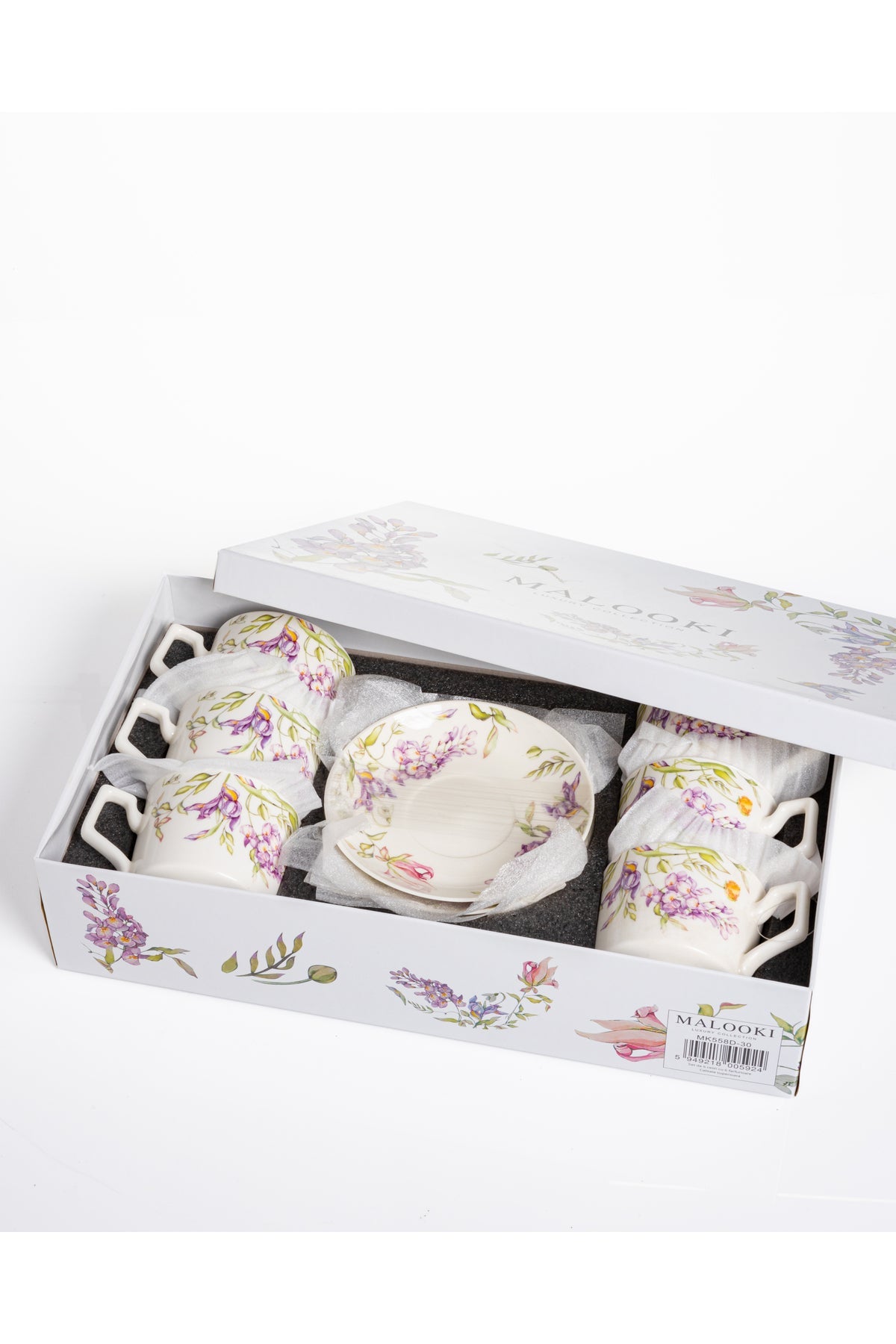 Set 6 cești cafea Iris – porțelan floral cu iris violet, 12 piese cu farfurioare