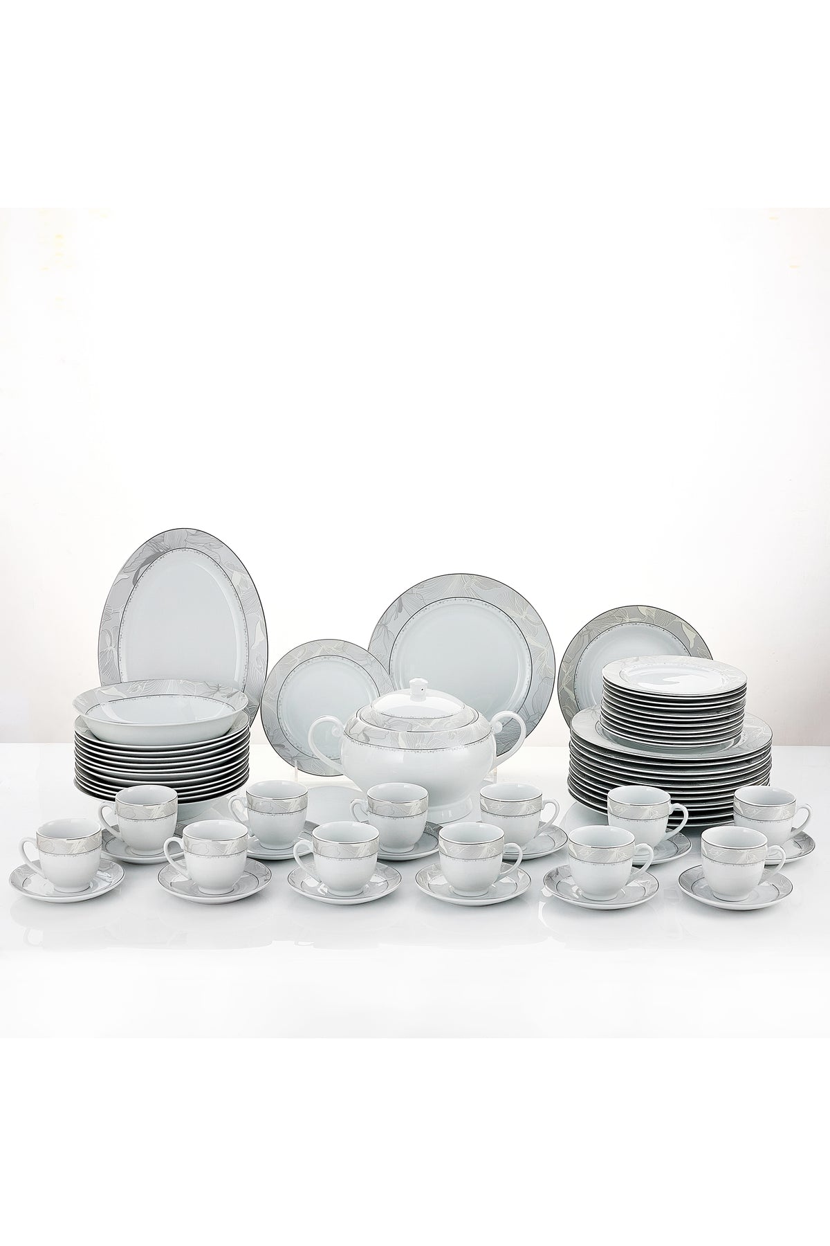 Serviciu de Masă 12 Persoane Silver Leaf din Porțelan, 64 Piese, Design Floral cu Bordură Argintie