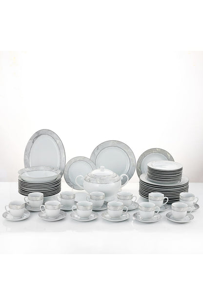 Serviciu de Masă 12 Persoane Silver Leaf din Porțelan, 64 Piese, Design Floral cu Bordură Argintie
