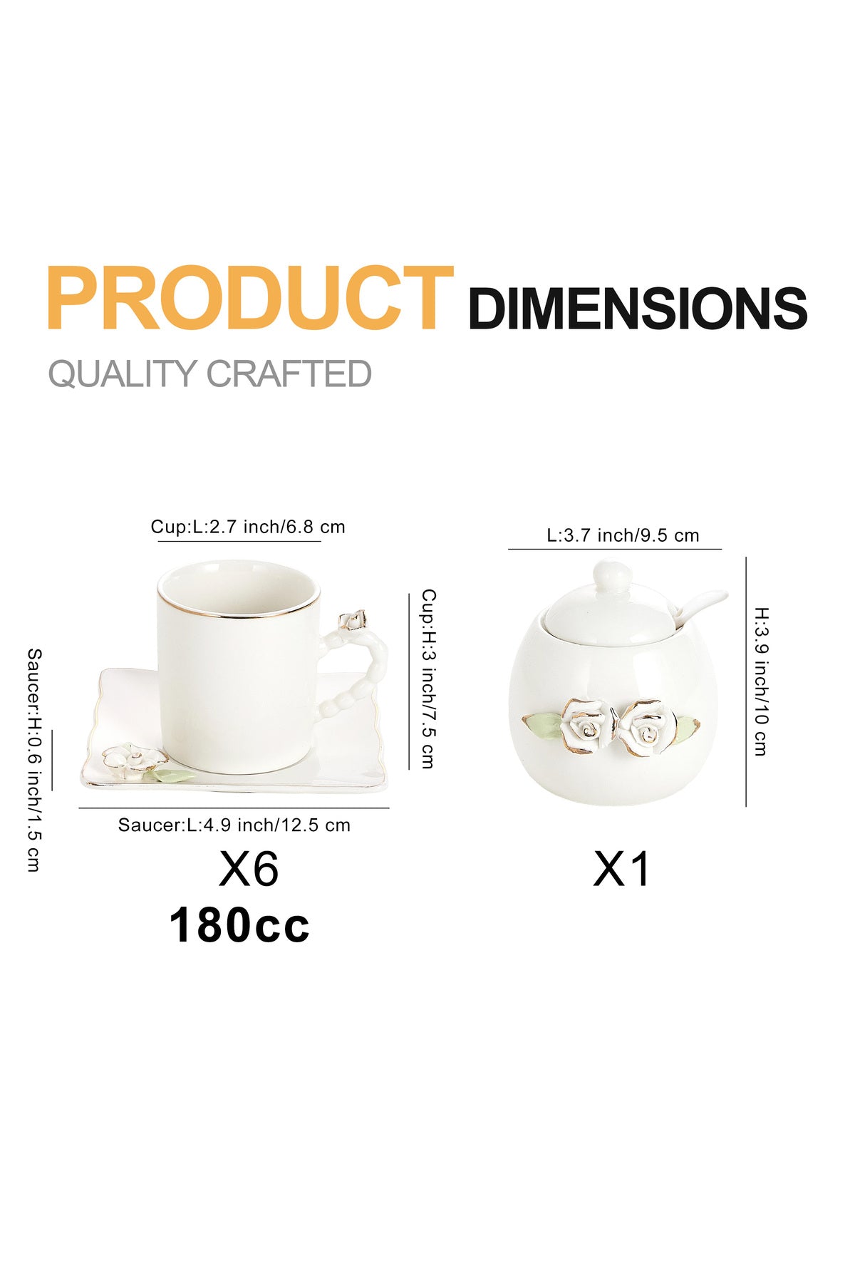 Set 6 Cești de Cafea din Porțelan cu Farfurioare și Zaharniță, 180 ml - Detalii Florale