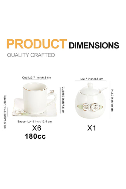 Set 6 Cești de Cafea din Porțelan cu Farfurioare și Zaharniță, 180 ml - Detalii Florale