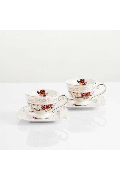 Set 2 cești cafea cu 2 farfurioare porțelan 200 ml – model floral elegant