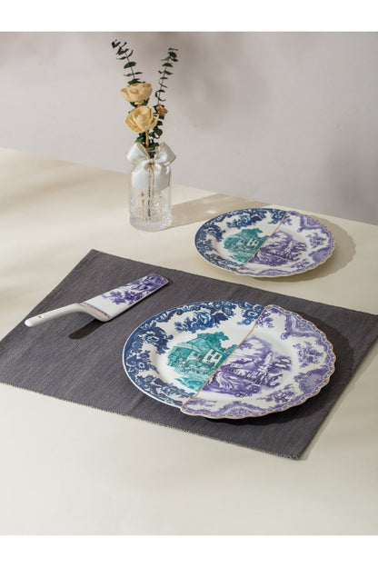 Set tort Willow – 6 farfurii desert și farfurie mare porțelan, design clasic albastru și mov