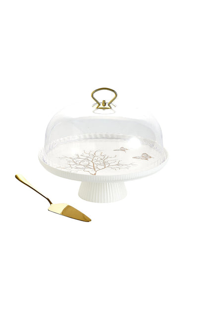 Platou tort din porțelan cu picior și capac transparent, 27.5 cm - Lifetree Collection