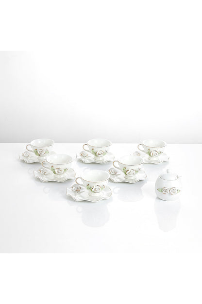 Set 6 cești de cafea din porțelan cu farfurioare și zaharniță,180 ml - decor floral în relief