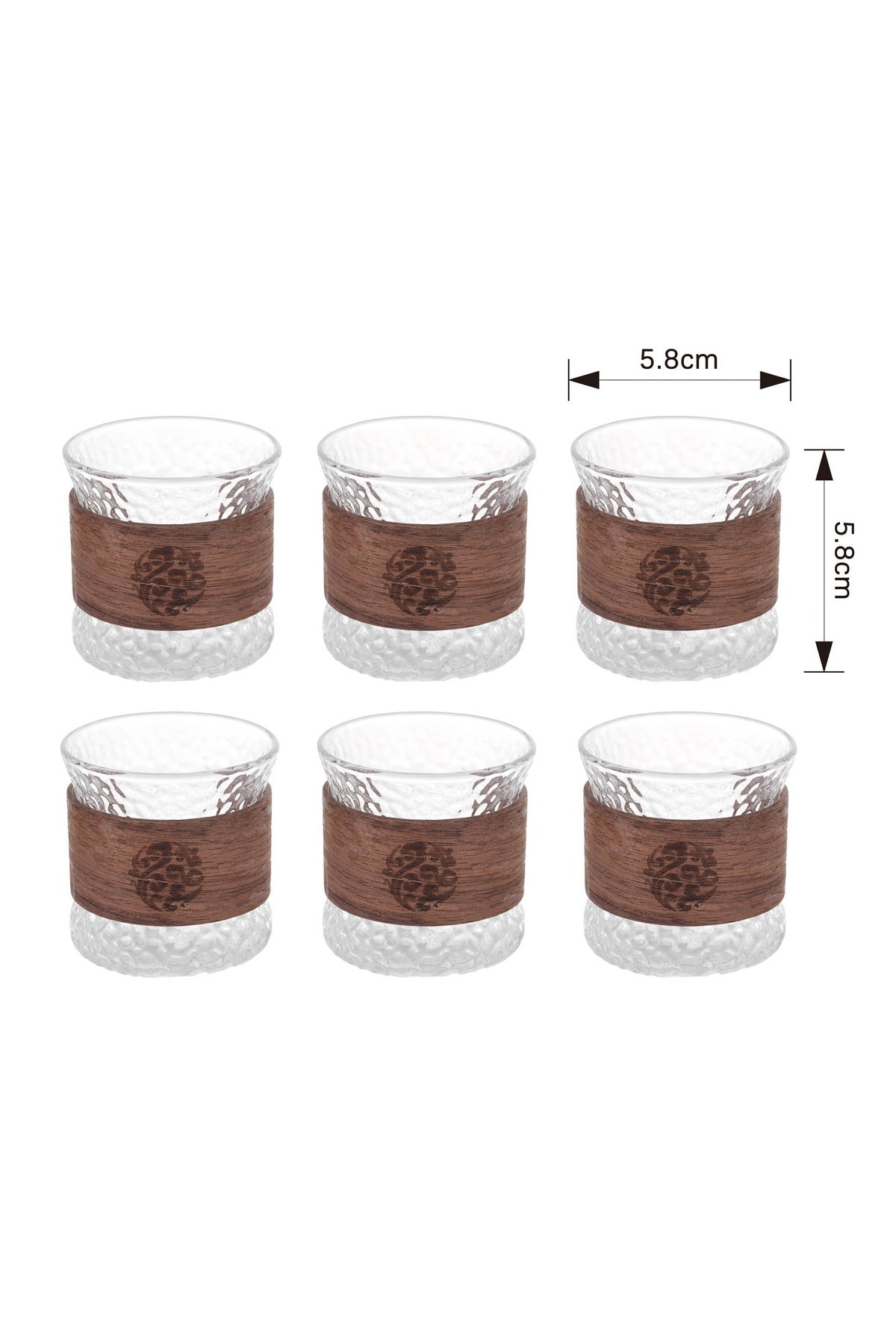 Set 6 Cești din Sticlă Texturată cu Protecție din Lemn, Design Japonez Zen, 100 ml