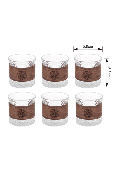 Set 6 Cești din Sticlă Texturată cu Protecție din Lemn, Design Japonez Zen, 100 ml