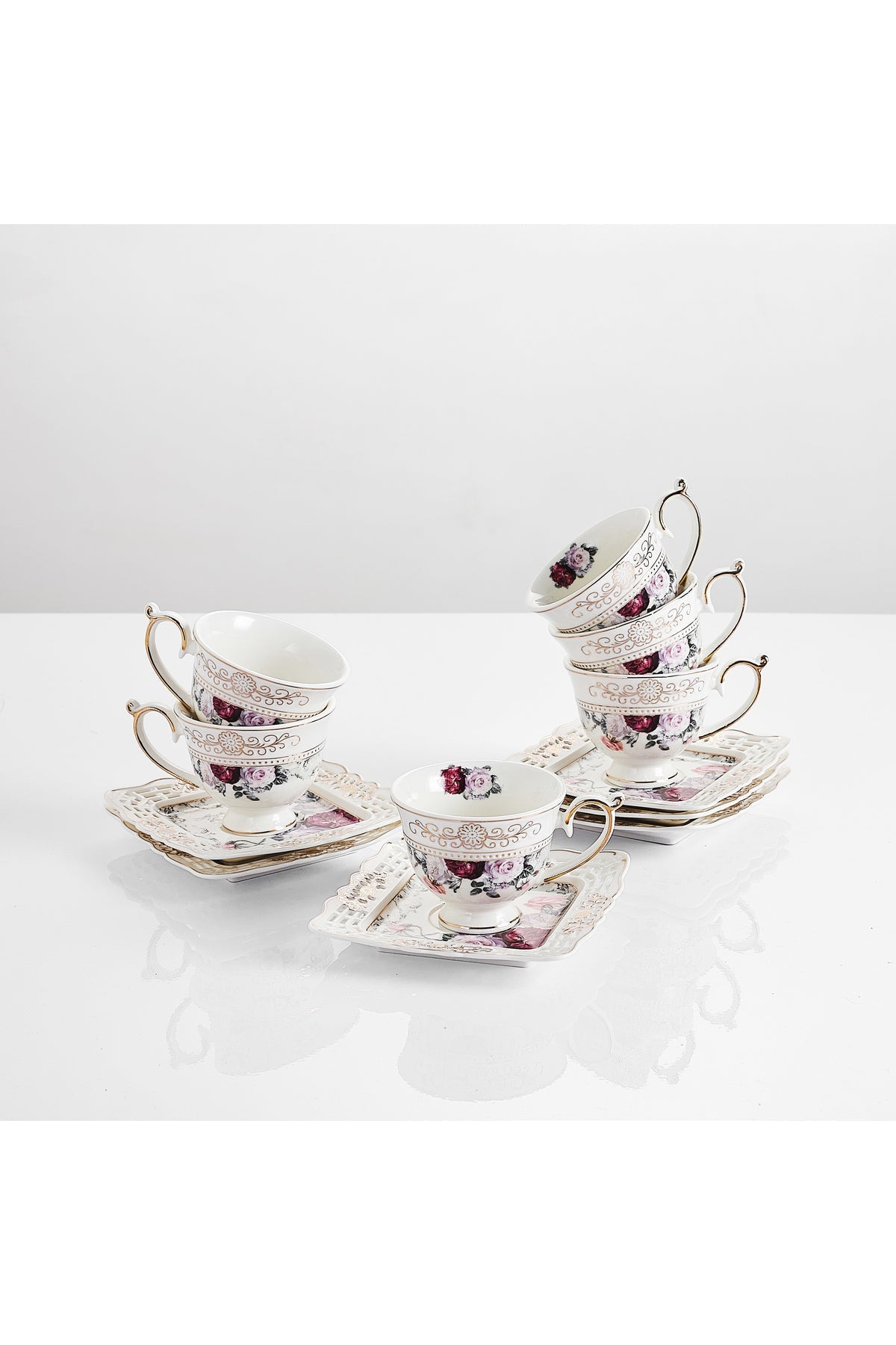 Set 6 cești espresso cu 6 farfurioare porțelan 90 ml – cești cafea model floral elegant