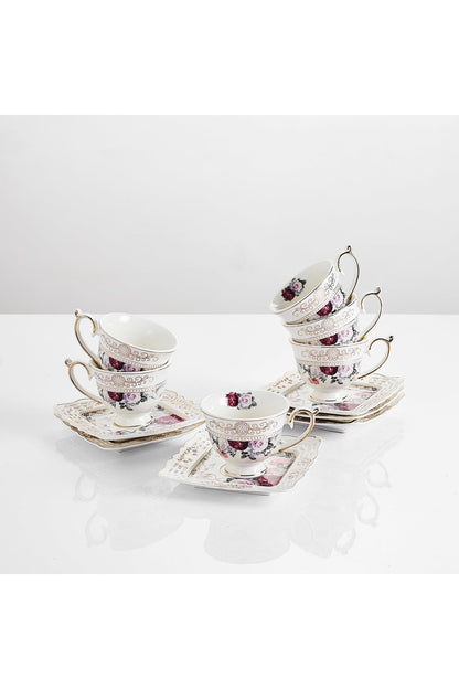 Set 6 cești espresso cu 6 farfurioare porțelan 90 ml – cești cafea model floral elegant