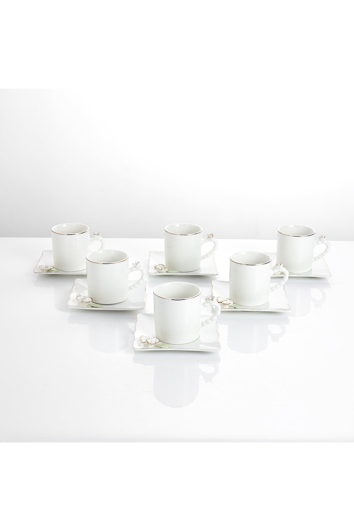 Set 6 Cești de Cafea din Porțelan cu Farfurioare, 180 ml - Detalii Florale