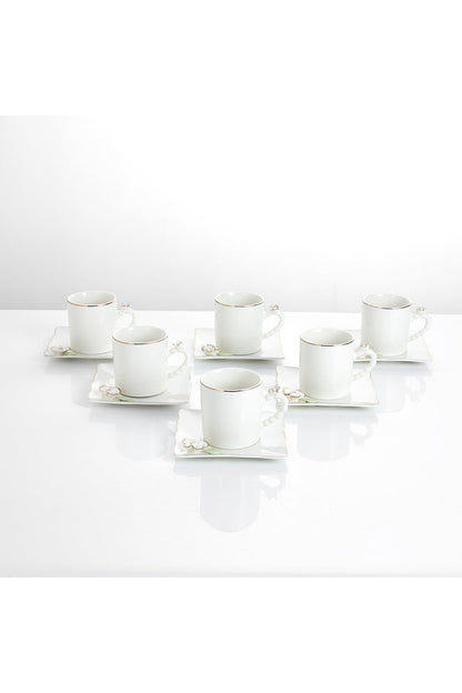 Set 6 Cești de Cafea din Porțelan cu Farfurioare, 180 ml - Detalii Florale