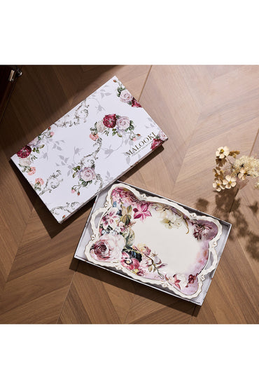 Tavă servire porțelan model floral vintage, mânere integrate, 42 x 27 cm