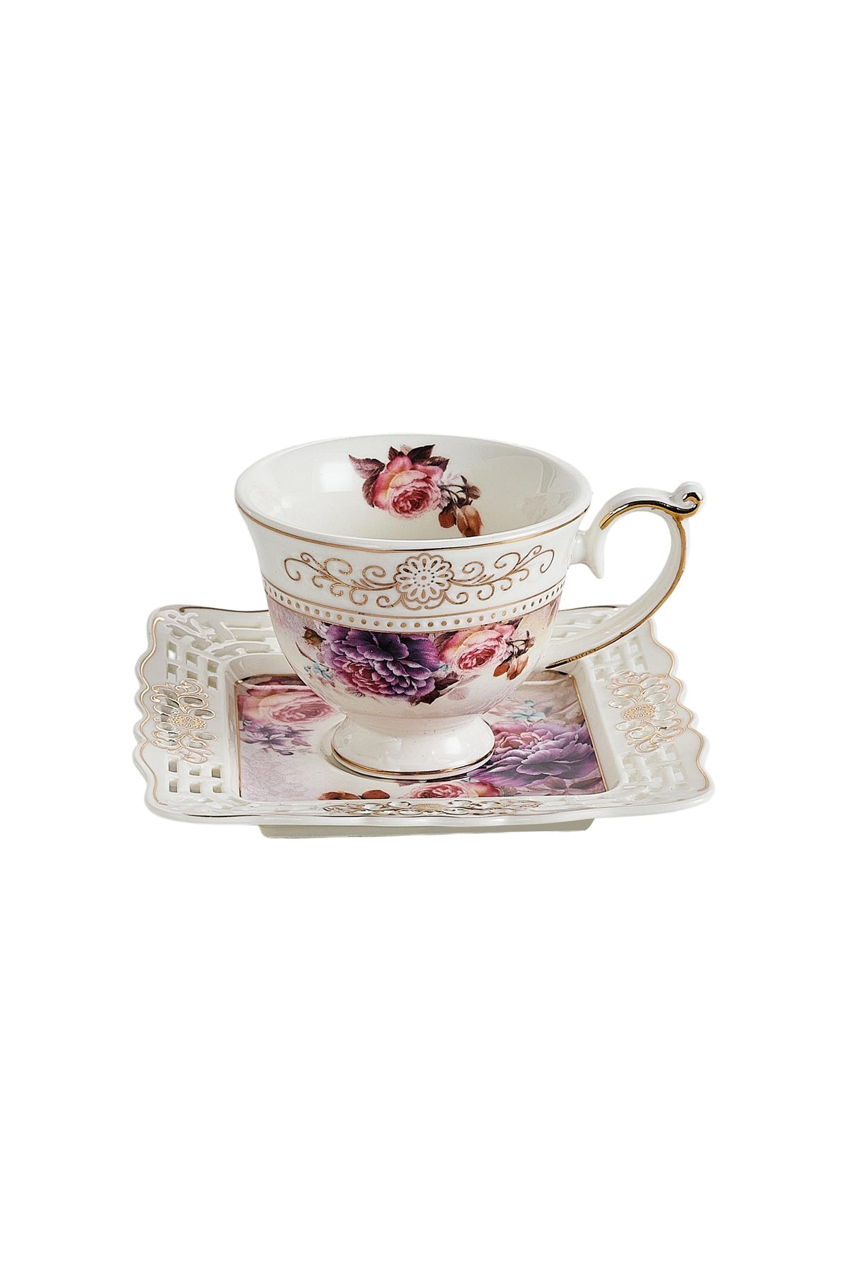 Set 6 cești espresso cu 6 farfurioare porțelan 90 ml – cești cafea model floral elegant