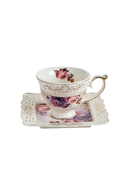 Set 6 cești espresso cu 6 farfurioare porțelan 90 ml – cești cafea model floral elegant