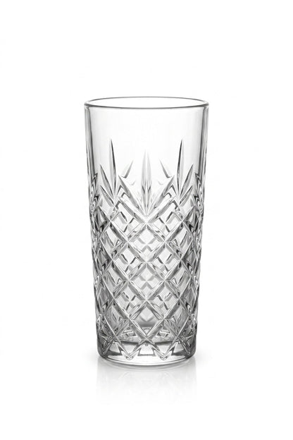 Set 6 pahare highball sticlă Thistle, model gravat vintage, 330ml, transparent