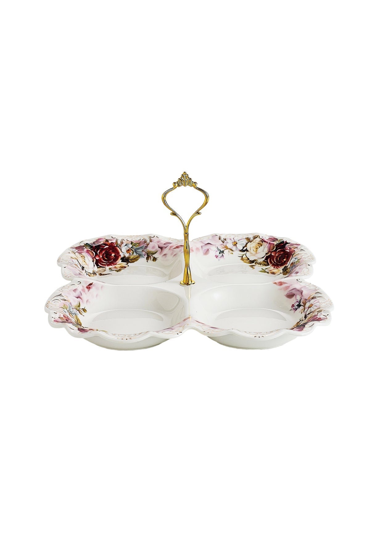 Platou compartimentat 4 secțiuni porțelan model floral vintage, mâner auriu