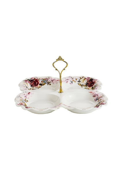 Platou compartimentat 4 secțiuni porțelan model floral vintage, mâner auriu