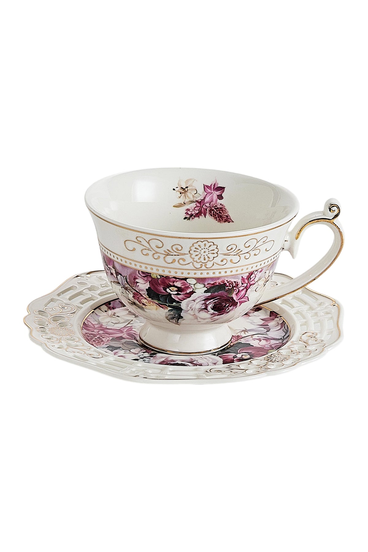 Set 2 cești cafea cu 2 farfurioare rotunde porțelan 200 ml – model floral elegant