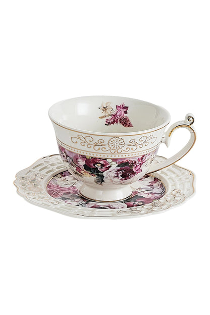 Set 2 cești cafea cu 2 farfurioare rotunde porțelan 200 ml – model floral elegant