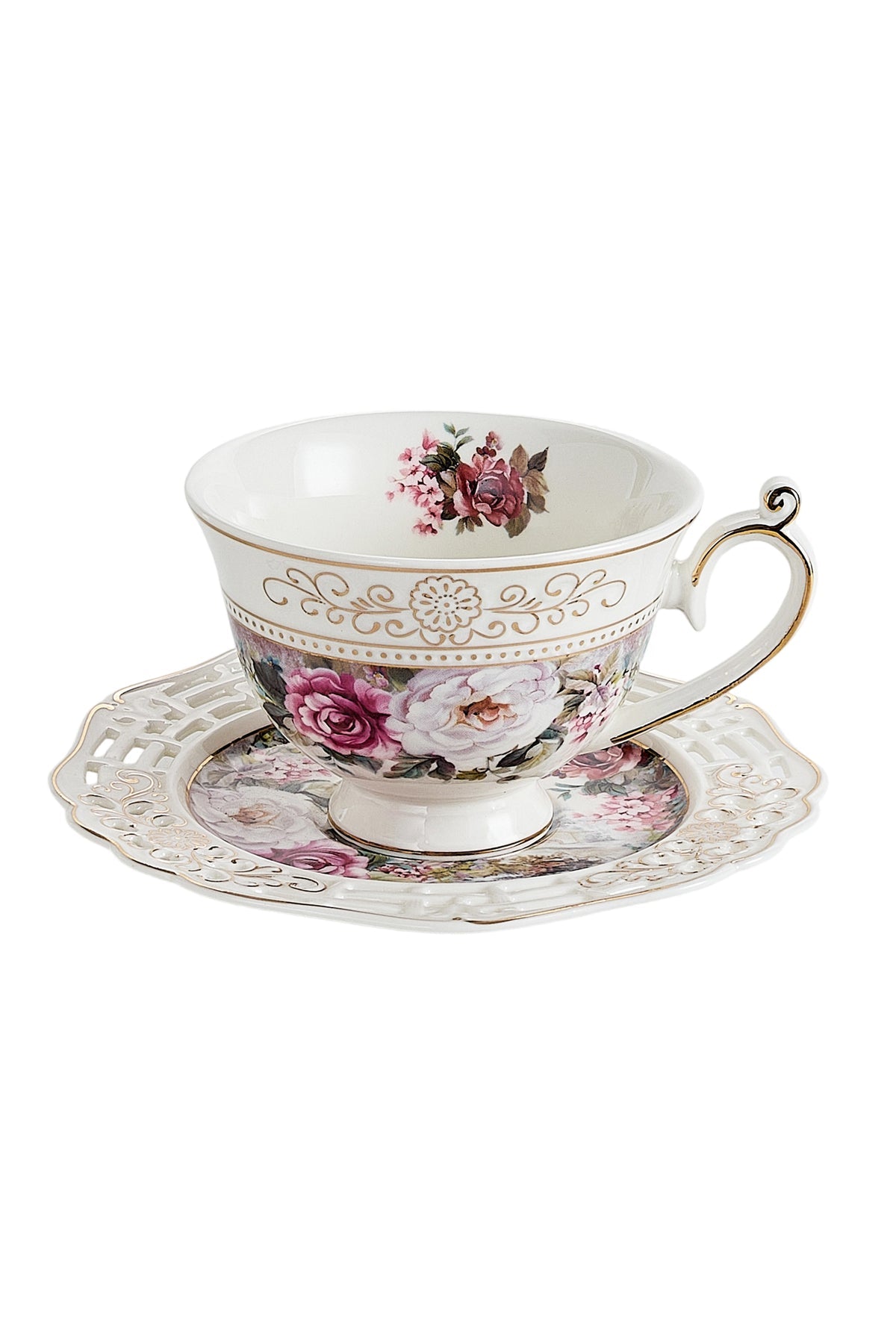 Set 2 cești cafea cu 2 farfurioare rotunde porțelan 200 ml – model floral elegant