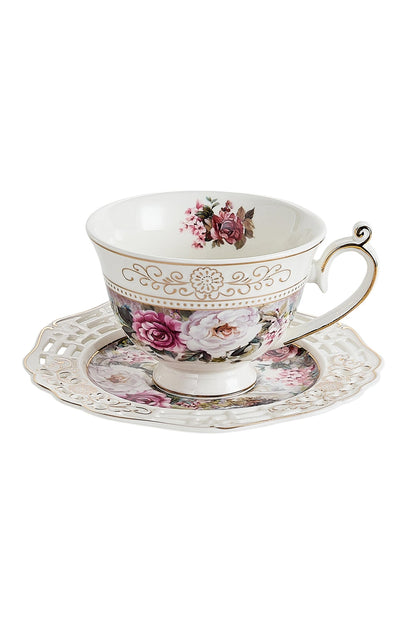 Set 2 cești cafea cu 2 farfurioare rotunde porțelan 200 ml – model floral elegant