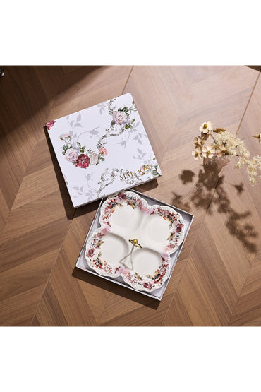 Platou compartimentat 4 secțiuni porțelan model floral vintage, mâner auriu