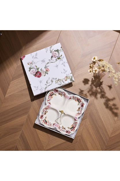 Platou compartimentat 4 secțiuni porțelan model floral vintage, mâner auriu