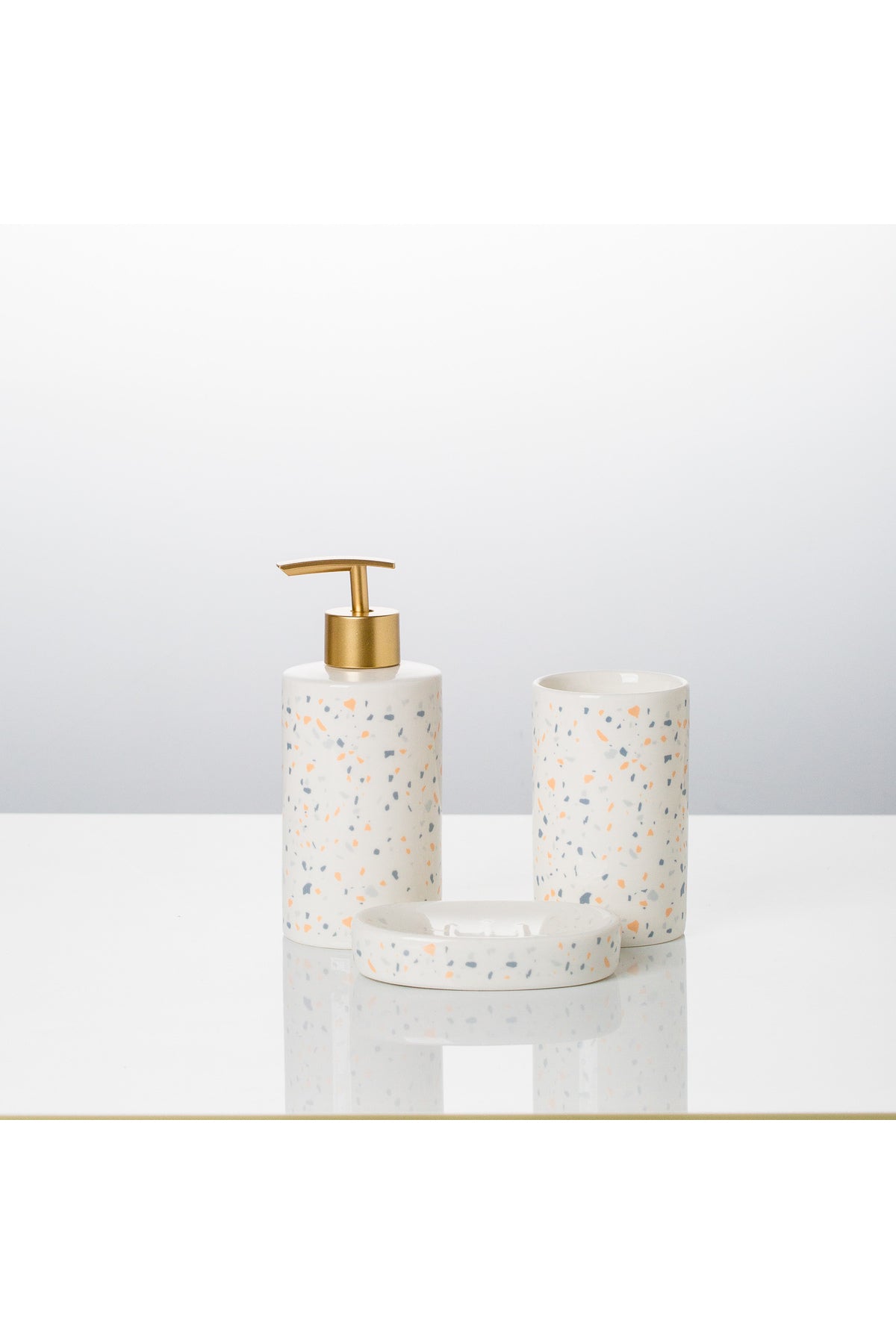 Set accesorii baie Terrazzo 3 piese porțelan – dozator sapun, suport sapun solid, pahar