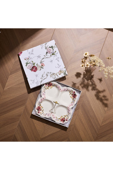 Platou compartimentat 4 secțiuni porțelan model floral vintage, mâner auriu