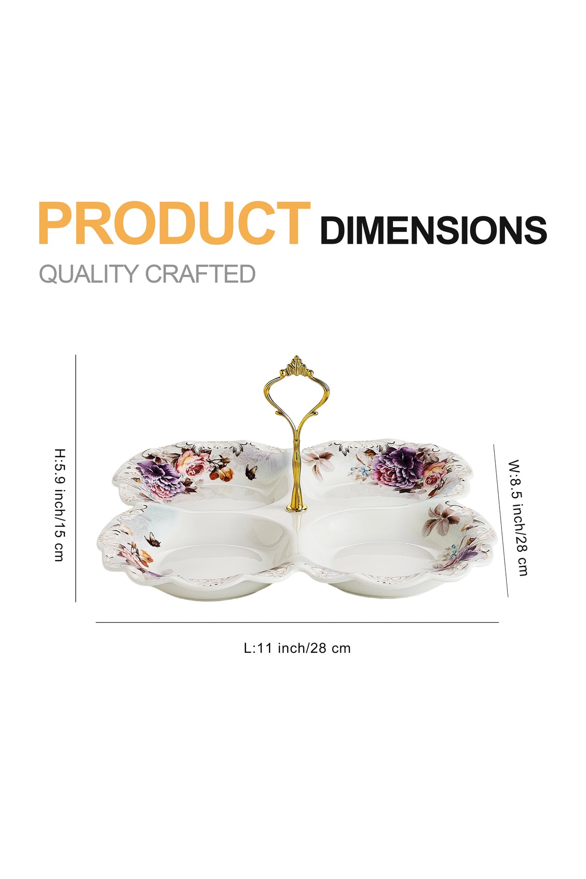 Platou compartimentat 4 secțiuni porțelan model floral vintage, mâner auriu