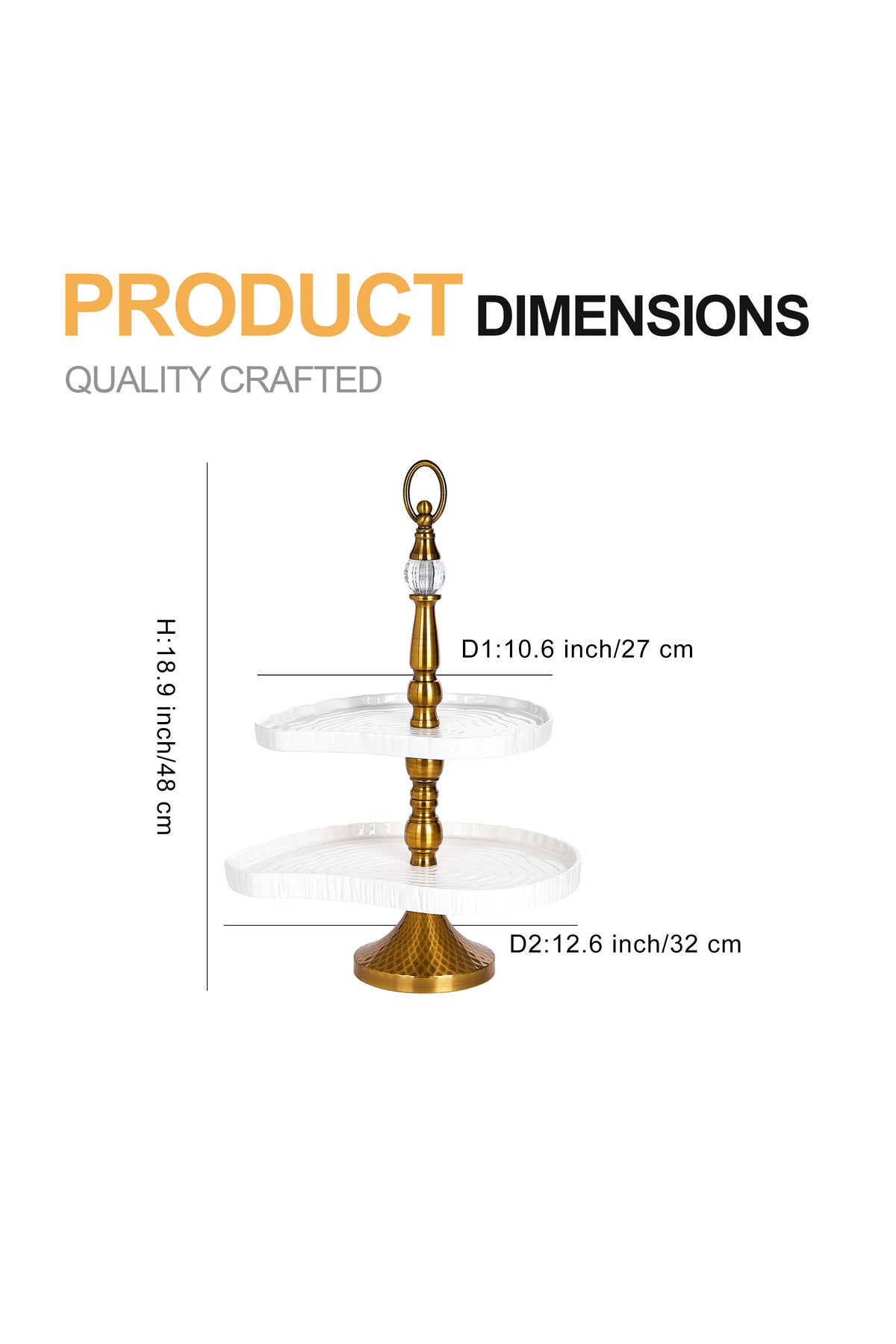 Platou etajat 2 niveluri porțelan, structură aurie cu cristal, 48 cm