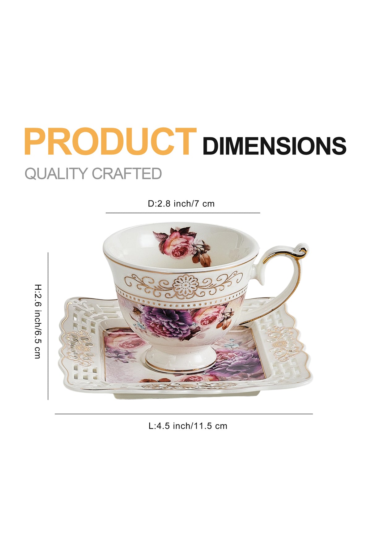 Set 6 cești espresso cu 6 farfurioare porțelan 90 ml – cești cafea model floral elegant