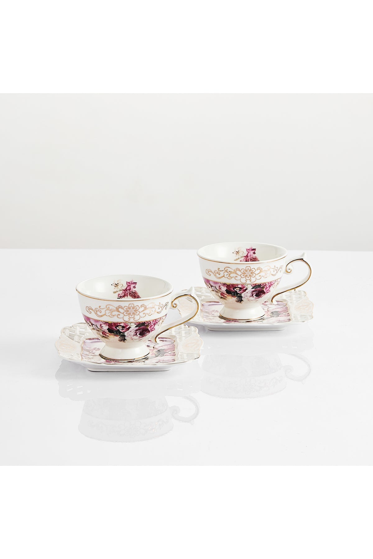 Set 2 cești cafea cu 2 farfurioare porțelan 200 ml – model floral elegant
