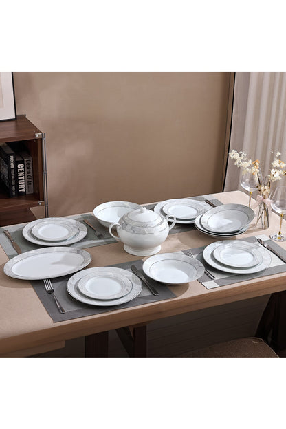 Serviciu de Masă 12 Persoane Silver Leaf din Porțelan 40 piese, Design Floral cu Bordură Argintie