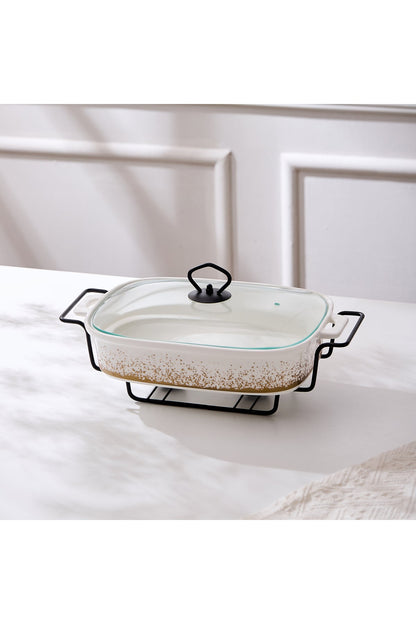 Vas de cuptor din porțelan cu suport încălzitor și capac sticlă, 32 cm - Snowing Collection