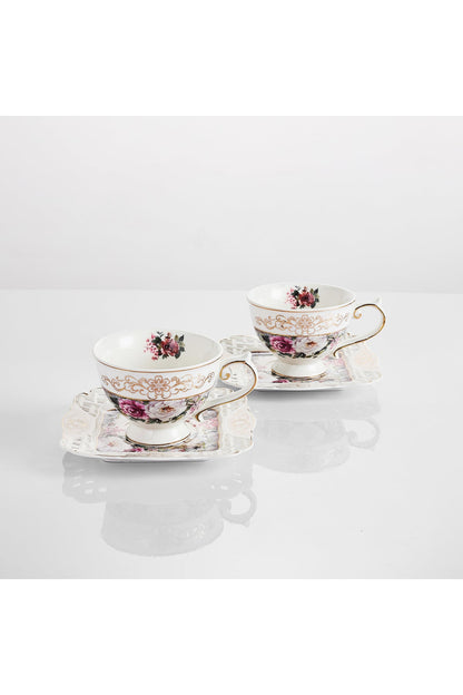 Set 2 cești cafea cu 2 farfurioare porțelan 200 ml – model floral elegant