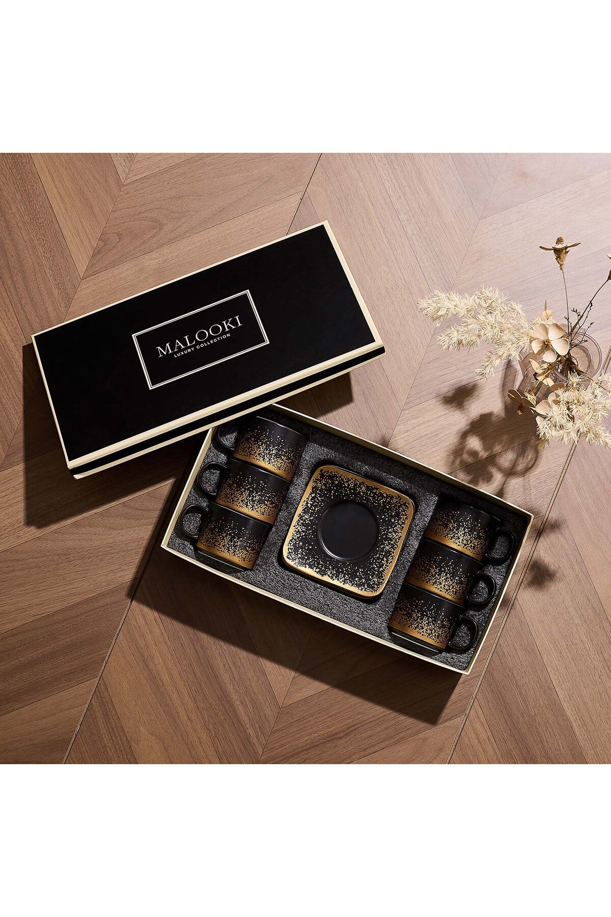 Set de 6 cești cu 6 farfurioare, 180 ml - Negru - Snowing Collection
